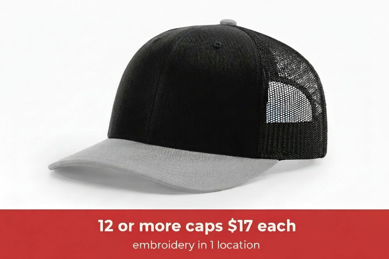 Black and gray cap with mesh back on a white background richardson 112
