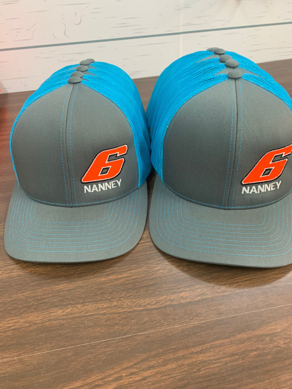 Truck Mesh Snap Back Graphite and Neon Blue with Name and Number