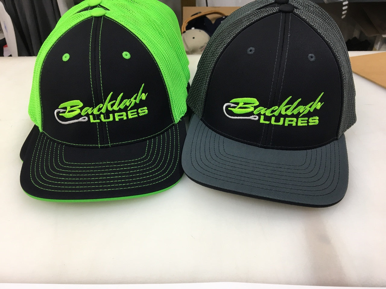 Mesh back fitted caps with company logo for Backlash Lures